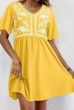 V-neck Printed Waist Cinching Short Sleeved Dress