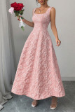 Square Neck Jacquard Sleeveless Waist Cinched Dress 