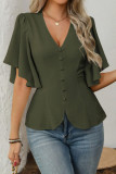 V-neck Solid Color Ruffled Short Sleeved Shirt
