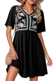V-neck Printed Waist Cinching Short Sleeved Dress