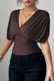 Deep V-neck Small Fly Sleeve Waist Cinched Shirt