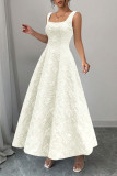 Square Neck Jacquard Sleeveless Waist Cinched Dress 