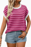 Round Neck Short Sleeved Striped Sweater