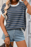 Round Neck Short Sleeved Striped Sweater