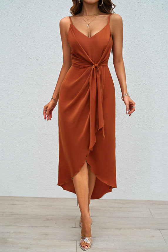 Solid Color Suspender Waist Cinching Dress
