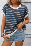 Round Neck Short Sleeved Striped Sweater