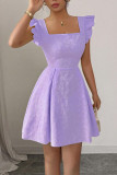 Square Neck Jacquard Waist Cinched Ruffle Dress