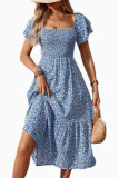 Square Neck Floral Print Short Sleeved Dress