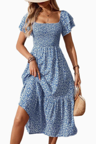 Square Neck Floral Print Short Sleeved Dress
