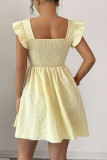 Square Neck Jacquard Waist Cinched Ruffle Dress