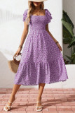 Square Neck Floral Print Short Sleeved Dress