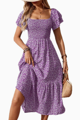 Square Neck Floral Print Short Sleeved Dress