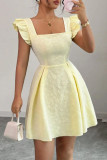 Square Neck Jacquard Waist Cinched Ruffle Dress