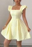 Square Neck Jacquard Waist Cinched Ruffle Dress