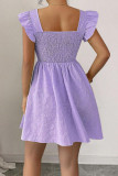 Square Neck Jacquard Waist Cinched Ruffle Dress