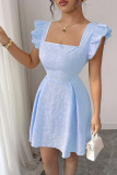 Square Neck Jacquard Waist Cinched Ruffle Dress