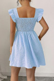 Square Neck Jacquard Waist Cinched Ruffle Dress