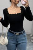 Solid Color Slim Fit Square Neck Long Sleeved T-shirt
