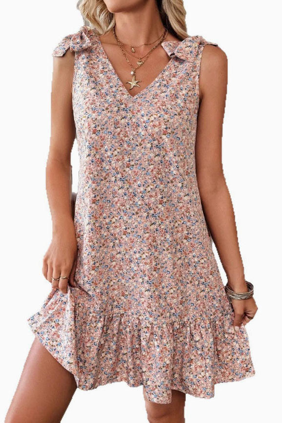 V-neck Bow Floral Vest Sleeveless Dress