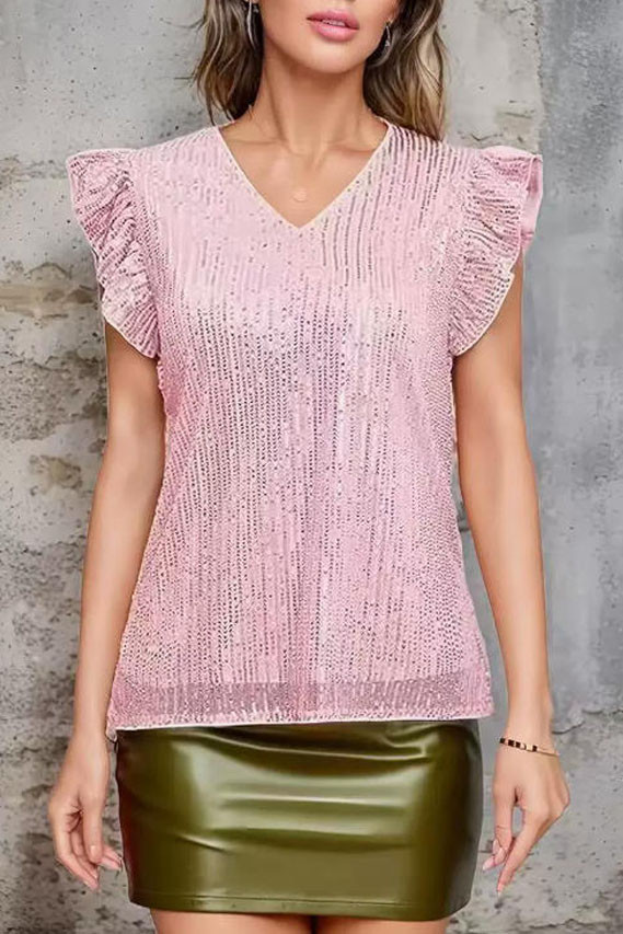 Sequin V-neck Ruffle Short Sleeved T-shirt