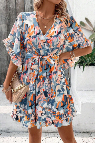 Floral Print Short Sleeved Waist Cinching Dress