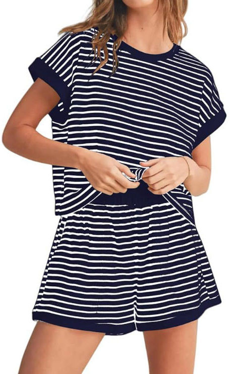 Striped Short Sleeved Top and Shorts Two-piece Set