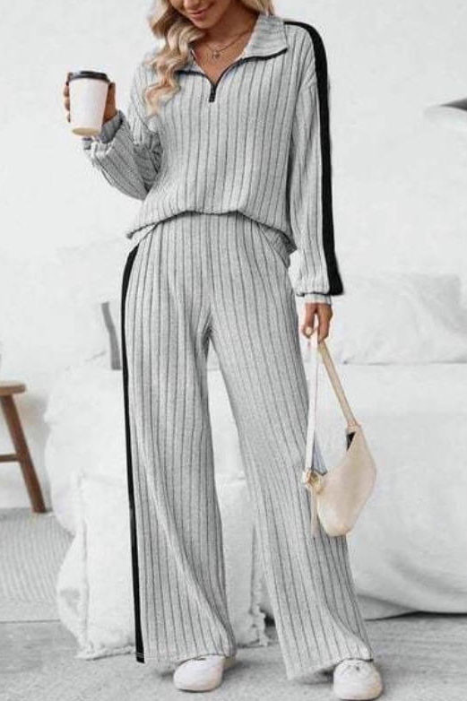 Lapel Zipper Top Wide Leg Pants Two-piece Set