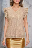 Sequin V-neck Ruffle Short Sleeved T-shirt