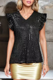 Sequin V-neck Ruffle Short Sleeved T-shirt