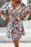 Floral Print Short Sleeved Waist Cinching Dress