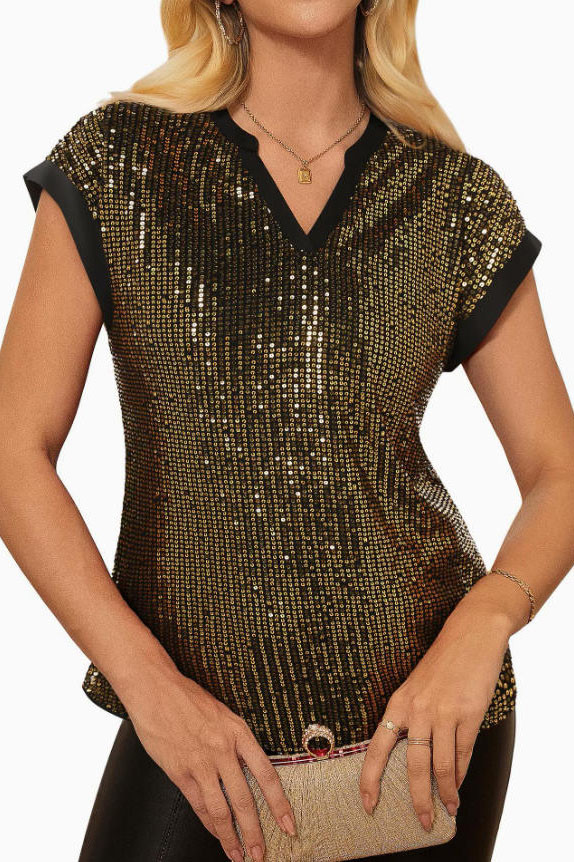 Sequin V-Neck Short Sleeve Party Blouse