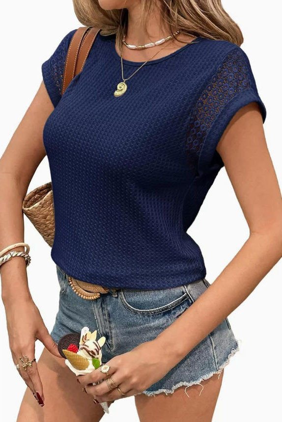 Waffle Knitted Lace Short Sleeved T-shirt