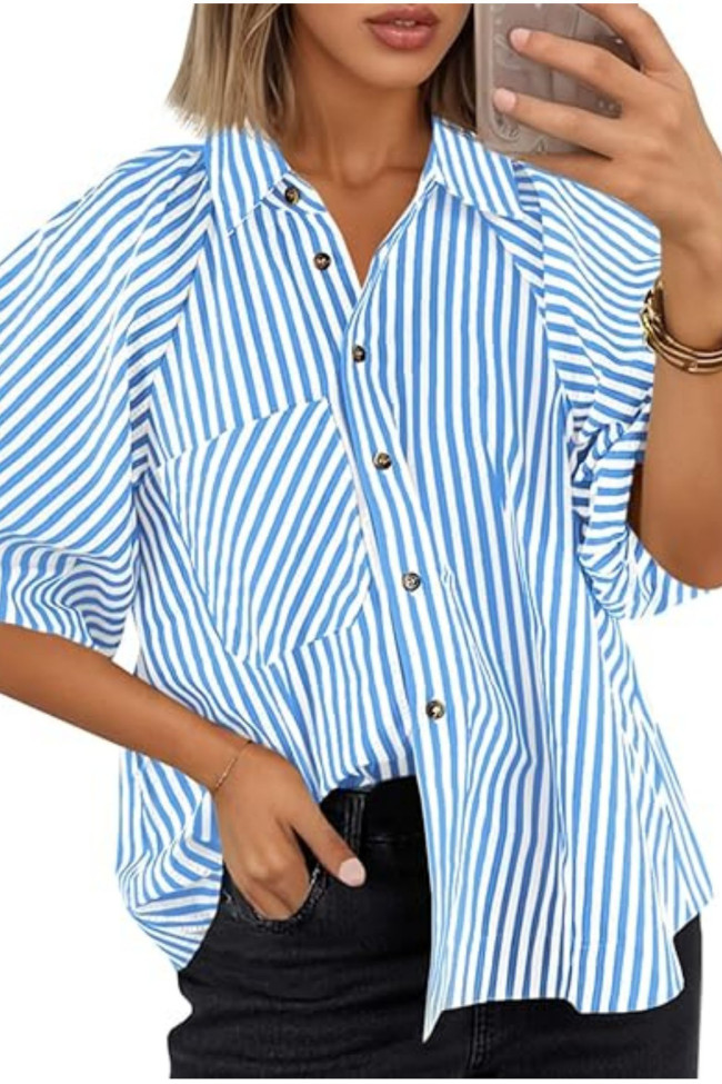 Short Puff Sleeve Button Down Blouse