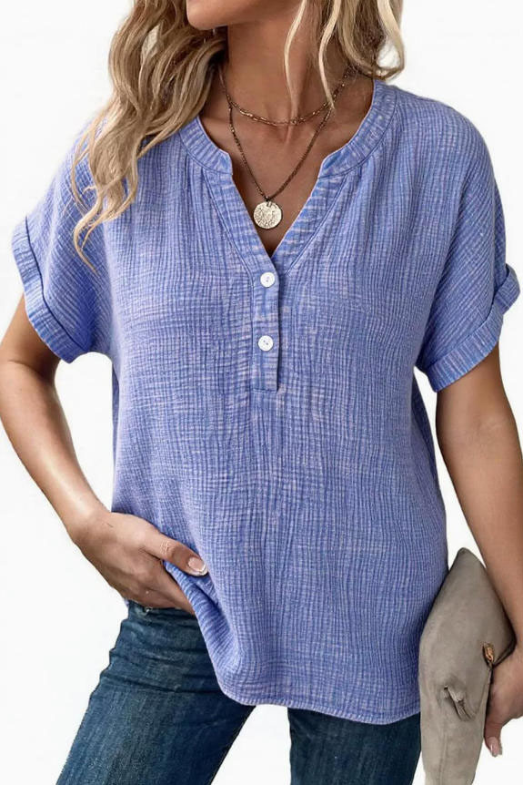 V-neck Button Short Sleeved Pure Cotton Shirt