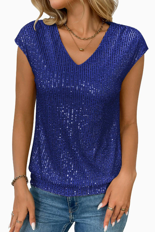 V-neck Sequined Short Sleeved Shirt