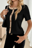 Button Decor Ribbed Short Sleeve Knit T-Shirt