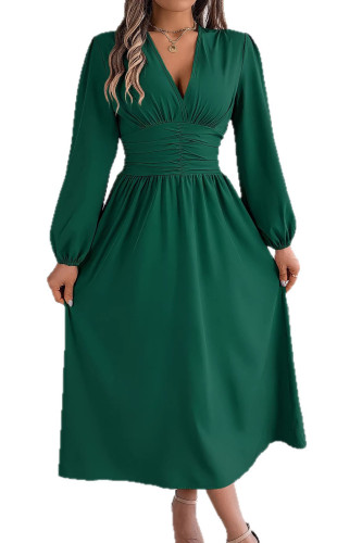 Solid Color V-Neck Long Sleeve Split Dress