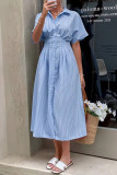 Striped Short Sleeve Pleated Shirt Dress