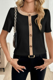Button Decor Ribbed Short Sleeve Knit T-Shirt