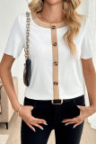 Button Decor Ribbed Short Sleeve Knit T-Shirt
