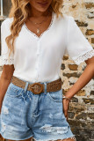 Summer V-Neck Lace Trim Hollow Out Blouse