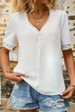 Summer V-Neck Lace Trim Hollow Out Blouse