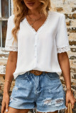 Summer V-Neck Lace Trim Hollow Out Blouse