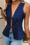 New Washed Sleeveless Casual Tie Waist Denim Vest 