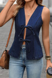 New Washed Sleeveless Casual Tie Waist Denim Vest 