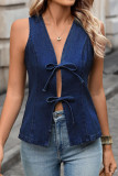 New Washed Sleeveless Casual Tie Waist Denim Vest 