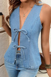 New Washed Sleeveless Casual Tie Waist Denim Vest 