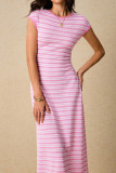 Striped Waist Cinched Round Neck Short Sleeved Dress