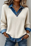 Denim Collar Patchwork Fake Two-Piece Knitted Sweater