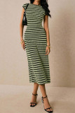 Striped Waist Cinched Round Neck Short Sleeved Dress